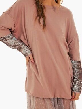 Free People Nellie Sequin Sleeve Twofer Top Mauve Size M Oversized NWT